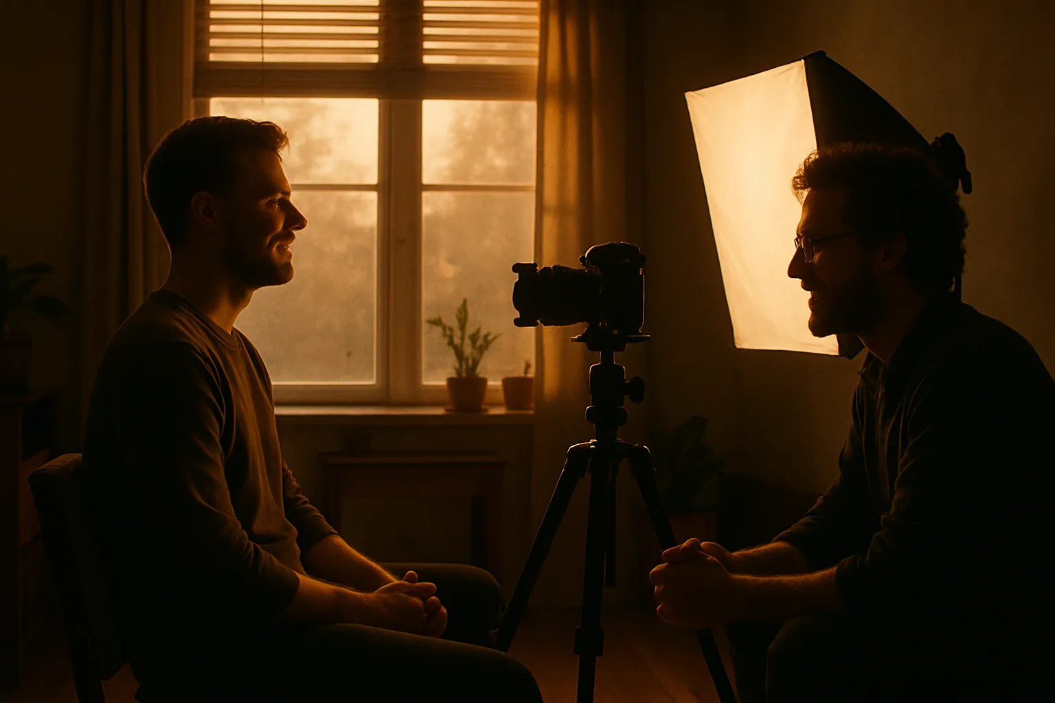 Zwei Männer im Interviewraum, einer sitzt gegenüber dem anderen, ein Kamera mit Licht leuchtet, Fenster im Hintergrund mit Sonnenlicht.