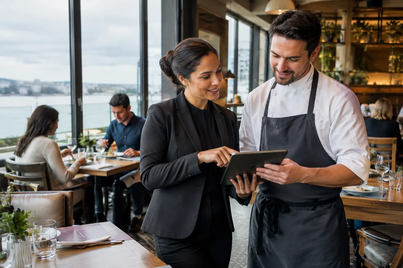 Eine Restaurantmitarbeiterin und ein Koch schauen gemeinsam auf ein Tablet; im Hintergrund sitzen Gäste an Tischen mit Blick aufs Wasser.